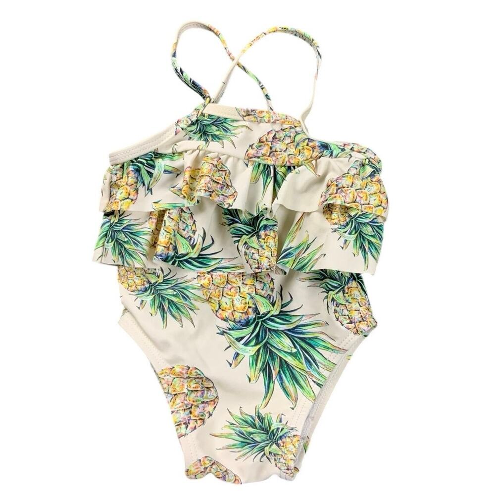 Baby Pineapple Ruffle One Piece Swimsuit Tropical Print Cross Back Swimwear
